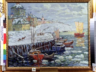 Terraplén en una antigua ciudad rusa. Descripción de los muelles donde están amarrados los barcos en un río cubierto de bloques de nieve, al fondo, una ciudad y un velero saliendo. Pintura de Konstantin (Co