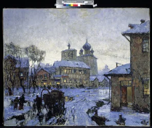 "El deshielo" Paisaje de pueblo ruso al final del invierno. Pintura de Konstantin (Constantin) Gorbatov (1876-1945) 1910 Museo de Arte M. Kroshitsky, Sebastopol