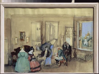 Une scene de la piece de theatre "Le Revizor" de Nicolas Gogol (1809-1852) (Una escena de la obra de teatro El revisor de N. Gogol) - Oeuvre de Konstantin Ivanovich Rudakov (Constantin Roudakov) (1891-1949), aquarelle et gouache sur papier - Art scenograp