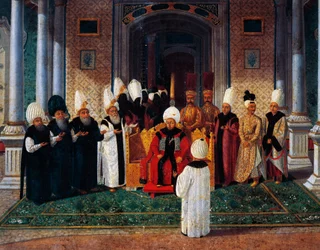 Selim III (1761-1808) recibiendo dignatarios bajo el dosel de la Puerta de la Felicidad en Topkapi (detalle de la ceremonia de ascenso al trono del sultán Suleyman III, c.1789)