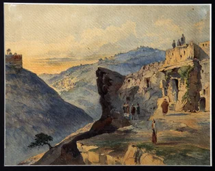 El valle de Josafat, el monte de los Olivos, aldea de Siloam. Descripción de los lugares cercanos a Jerusalén, Israel, citados en la Biblia. El valle de Josafat es una parte del valle del Cedrón