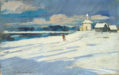 Paisaje de invierno con una pequeña iglesia, principios del siglo XX