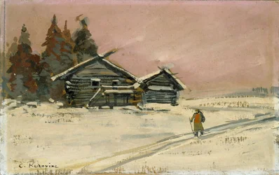 Paisaje de invierno con dos cabañas de madera, principios del siglo XX