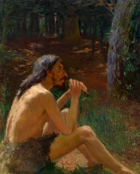 Cavernícola tocando la flauta - Pintura de Konstantin Pavlovich Kuznetsov (1863-1936), óleo sobre lienzo (95x77 cm), arte ruso siglo XIX-XX - Colección privada