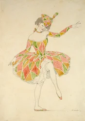 Diseño para el disfraz de Columbine de Anna Pavlova en 