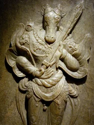 Ornamento funerario, caballo del zodiaco en agalmatolita, siglo VIII, periodo de los Reinos del Norte y del Sur, Corea. Fotografía, Museo Nacional de Corea, Seúl, República de Corea