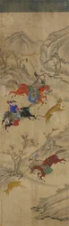 Escena de caza (3 jinetes cazando ciervos y tigres)