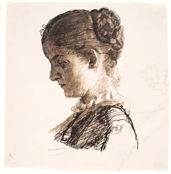 La hermana del artista Elisabeth. Perfil izquierda. Peinado trenzado