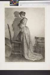 Marie Grubbe, poco después del divorcio de Ulrik Frederik Gyldenløve. Figura completa de pie de perfil hacia la izquierda