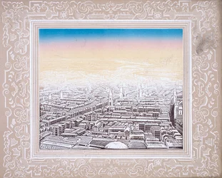 Vista aérea de Londres enmarcada en un borde decorativo, c1845