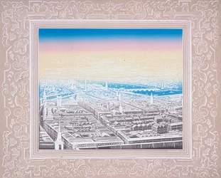 Vista aérea de Londres enmarcada en un borde decorativo, c. 1845