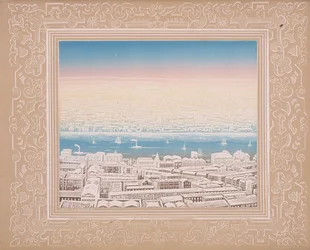 Vista aérea de Londres con borde decorativo, c. 1845