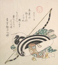 Arco, flechas, objetivo y otros equipos para tiro con arco, ca. 1814