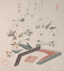 Flores de cerezo y caja de sellos con tinta y regla, siglo XIX