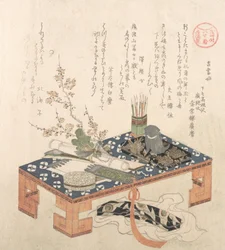 Escritorio con juego de escritura y flores de ciruelo,..., probablemente 1814 Año del Perro