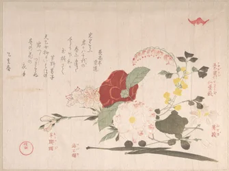 Colección Lluvia de primavera (Harusame shū), vol. 2: Flores cortadas: clemátide, trébol arbustivo, iris, camelia y azalea