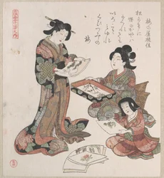 Dos mujeres y una niña mirando pinturas