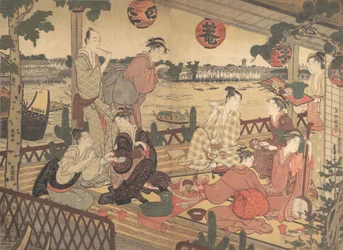 Dos jóvenes y varias mujeres cenando en una casa de té en la orilla del río Sumida, ca. 1788