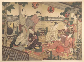 Dos jóvenes y varias mujeres comiendo en una casa de té a orillas del río Sumida