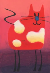 El gato feliz de manchas rojas