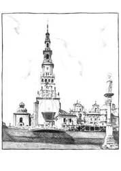 Paisaje urbano con una torre de iglesia ornamentada