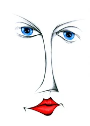 Ojos azules y labios rojos estilizados