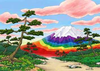 Pinos y el monte Fuji con los colores del arco iris , 2023 (pintura digital)