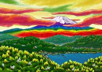 El monte Fuji con los colores del arco iris más allá de la ciudad , 2023 (pintura digital)