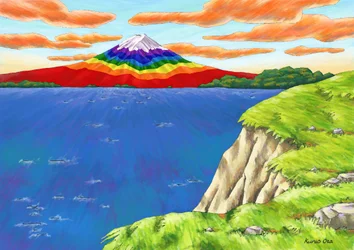 El monte Fuji con los colores del arco iris sobre el acantilado , 2023 (pintura digital)