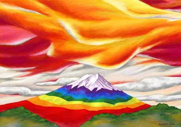 Monte Fuji con los colores del arco iris rodeado de rojo y naranja , 2023 (pintura digital)