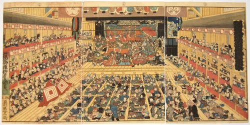 Odori-keiyo Edo-e no Sakae: Interior del teatro con actuación de Shibaraku, 1858
