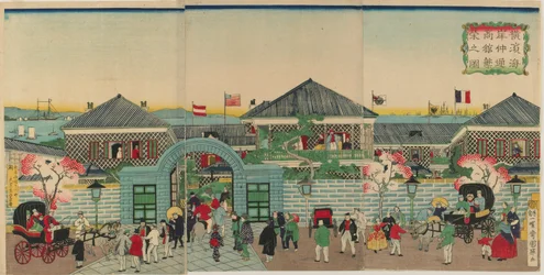 Imagen de la Prosperidad de los Establecimientos Mercantiles a lo largo de Nakadouri en Yokohama, era Meiji, 1870