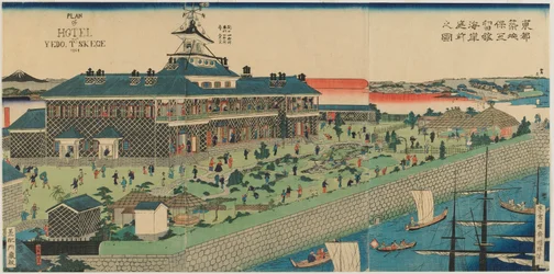 El jardín junto al mar del Hotel Tsukiji en la capital oriental, era Meiji, 1868