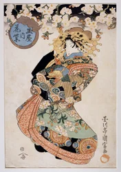 Cortesana Hanamurasaki de la casa de té Tamaya, ca. 1830, grabado artístico Ukiyo-e de Utagawa Kunitomi (activo 1810-1830), xilografía Oban-tate-e, 38,2x26,5 cm, civilización japonesa