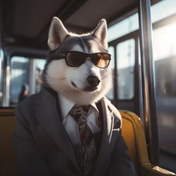 Un perro Husky siberiano con traje y gafas de sol en la estación de autobuses, como un caballero 3
