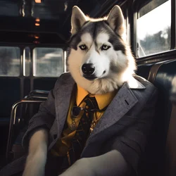 Un perro Husky siberiano con traje y gafas de sol en la estación de autobuses, como un caballero 4