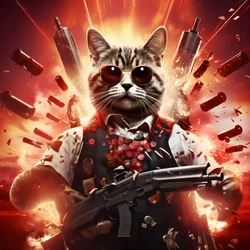 Cartel de cine de un gato con camisa de lunares blancos y negros y gafas de sol brillantes, con explosiones y cañones de fondo 1