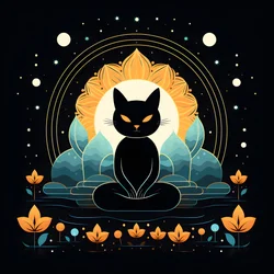 Gato en meditación sentado sobre una flor de loto 3
