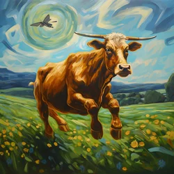 Vaca volando sobre un prado verde 1