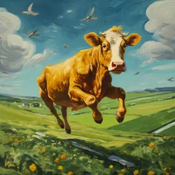 Vaca volando sobre un prado verde 4