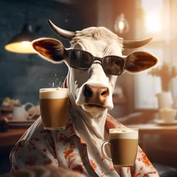 Vaca con gafas de sol mirando el café frío 1