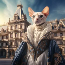 Gato Sphynx en vestido de baile sobre el fondo de un magnífico palacio de estilo medieval 4