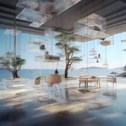Edificio transparente con la mesa isla en el centro 3