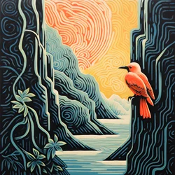 Ilustración ultraminimalista de un colorido pájaro tropical sentado en una planta ramificada frente a un arroyo de montaña con una hermosa cascada 2