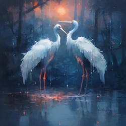 Hermoso, precioso, cinematográfico cuadro, dos grullas besándose bajo la lluvia 2