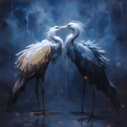 Hermoso, precioso, cinematográfico cuadro, dos grullas besándose bajo la lluvia 4