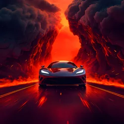 un coche de lujo es conducido por un camino con rojo resplandeciente de fondo 4