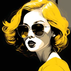 ilustración de una chica con gafas de sol amarillas, pelo en la cara y orejas, al estilo de la estética del cine negro 4