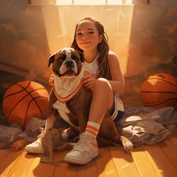 una niña de 10 años espera sentada con su perro en el suelo sosteniendo una carpeta con la foto 4