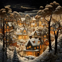 un pueblo de noche bajo árboles nevados 1